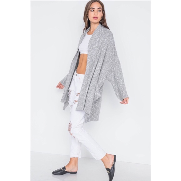 CHARCOAL HEATHERED OPEN FRONT SOFT CASUAL CARDIGAN - Picture 3 of 5